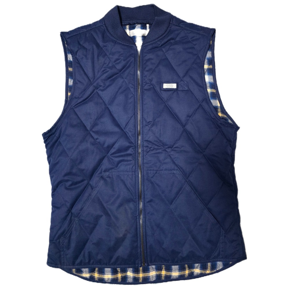 Ocean Coast Mens Quilted Vest Medium Blue Plaid Lined Full Zip Sleeveless (G)